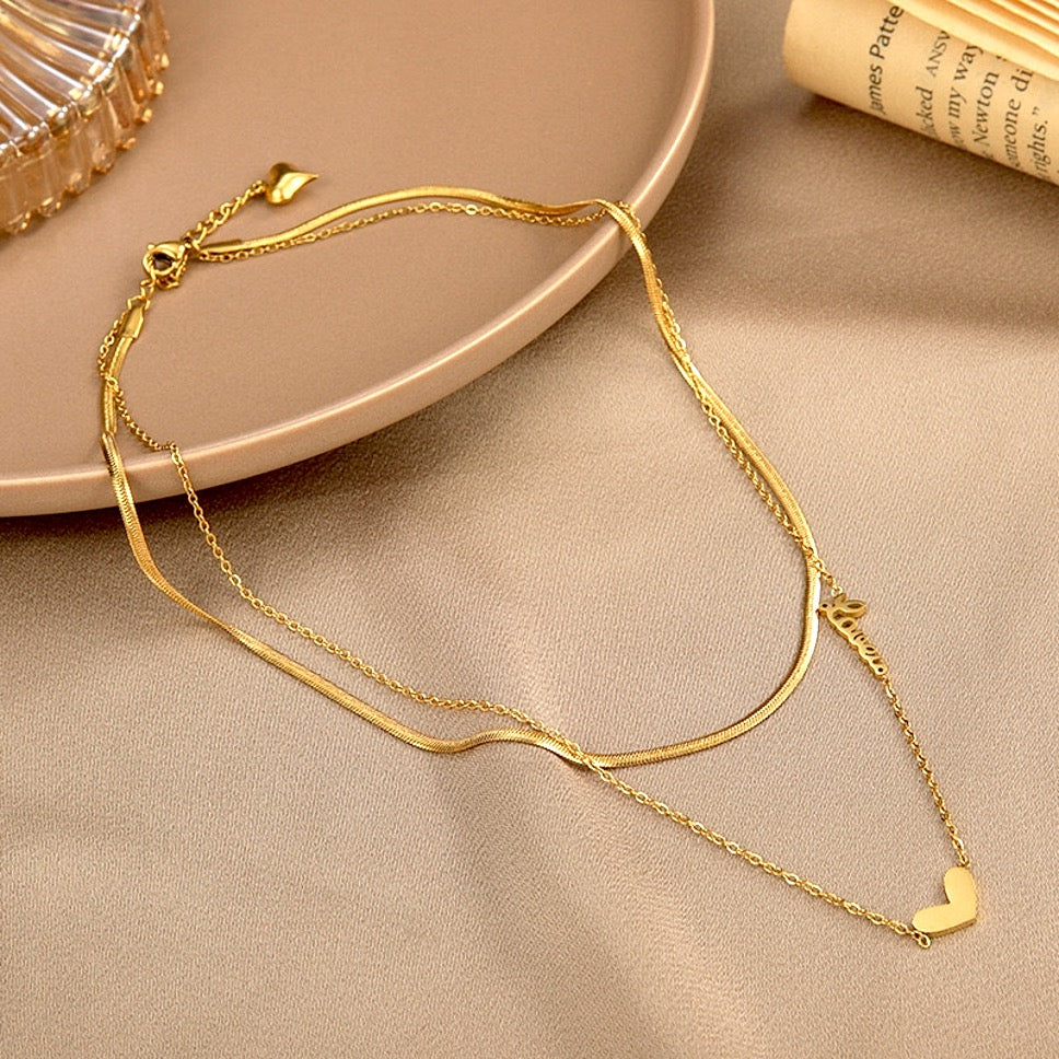 Gold Double Layer Heart & Love Necklace