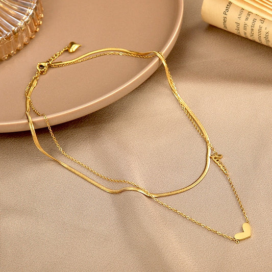 Gold Double Layer Heart & Love Necklace